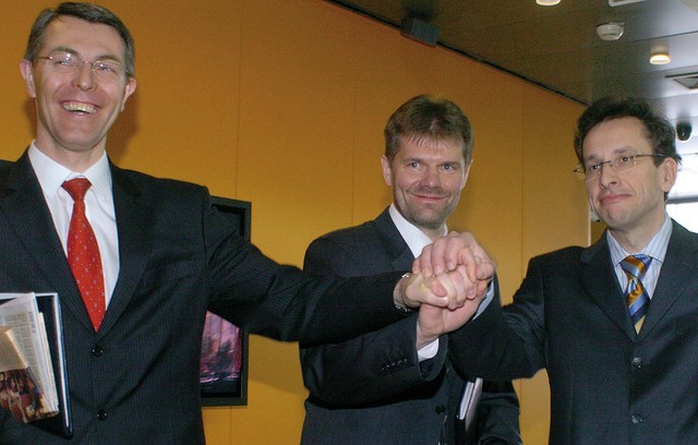 Libor Vončina, prejšnji direktor Telekoma, Bojan Dremelj, novi direktor in Žiga Turk, predsednik nadzornega sveta