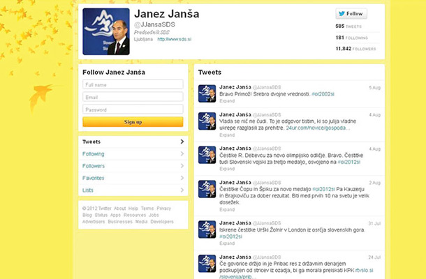 Janšev profil na Twitterju