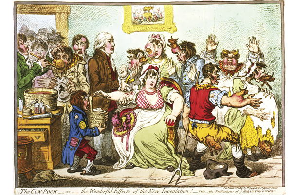 Karikatura Jamesa Gillraya iz začetka 19. stoletja prikazuje izumitelja cepiva proti črnim kozam Edwarda Jennerja med izvajanjem cepljenja. Ker je bila osnova za cepivo virus kravjih osepnic, ki je spodbudil nastanek imunosti proti virusu črnih koz, so nasprotniki cepljenja takrat svarili, da cepljenje lahko povzroči kravje izrastke.