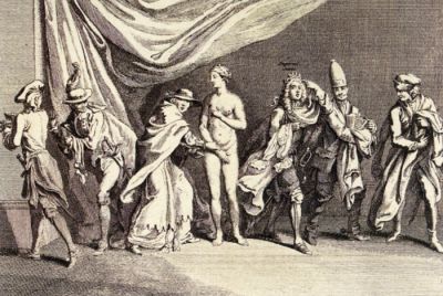 Karikatura Marije Terezije (bakrorez Nathaniela Parra, 1742): Oropana vseh oblačil