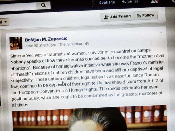 Zapis Boštjana M. Zupančiča na Facebooku, kjer je grobo napadel nekdanjo francosko ministrico za zdravje Simone Veil.
