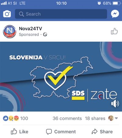 Dva posnetka iz Facebooka, s katerih je vidno, da je Nova24 plačala (»sponsored«) predvolilni oglas SDS.