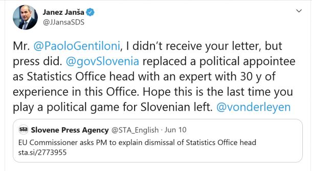 Tvit Janeza Janše, s katerim je evropskega komisarja Gentilonija podučil, naj si ne domišlja, da se bo lahko vmešaval v odločitev, kdo bo direktor Sursa v Sloveniji.