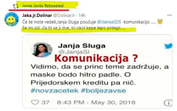 Janez Janša je poobjavil tvit, kjer bi nekdo Janji Slugi namenil »dve ali tri okol kepe«