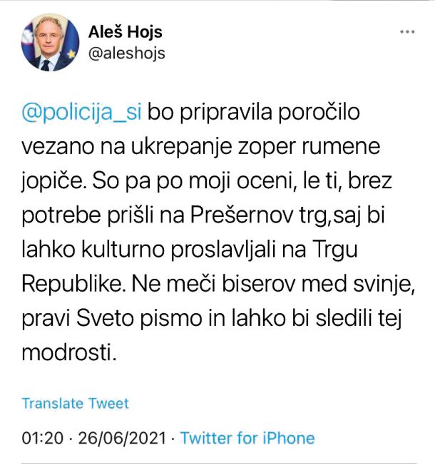 Takojšnji odziv notranjega ministra Aleša Hojsa na Twitterju.