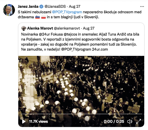 Tvit Janeza Janše ob napovedi prispevka POP TV o dogajanju na Poljskem
