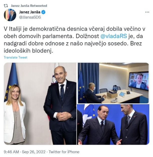 Zapis predsednika SDS Janeza Janše na Twitterju