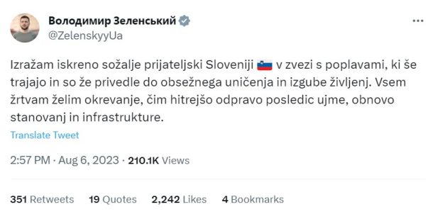 Objava ukrajinskega predsednika na družbenem omrežju X (nekdanji Twitter)