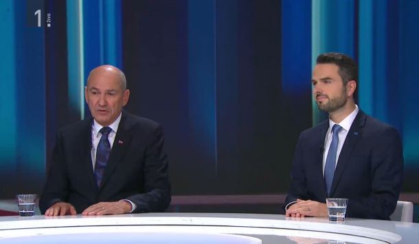 Janez Janša in Matej Tonin med pogovorom na TV Slovenija