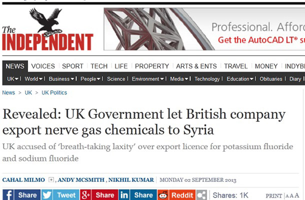 Independent na naslovnici objavil ekskluzivno informacijo o tem, da je britanska vlada dovolila britanskim podjetjem, da izvozijo»natrijev fluorid in kalijev fluorid«.