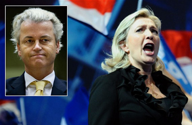 Skrajno desni nizozemski politik Geert Wilders in voditeljica francoske Nacionalne fronte (FN) Marine Le Pen.