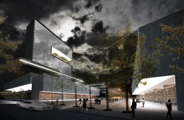 Glavni trg Lafayette: obodna zazidava z lokali v pritličju tudi ponoči ustvarja živahno dogajanje.