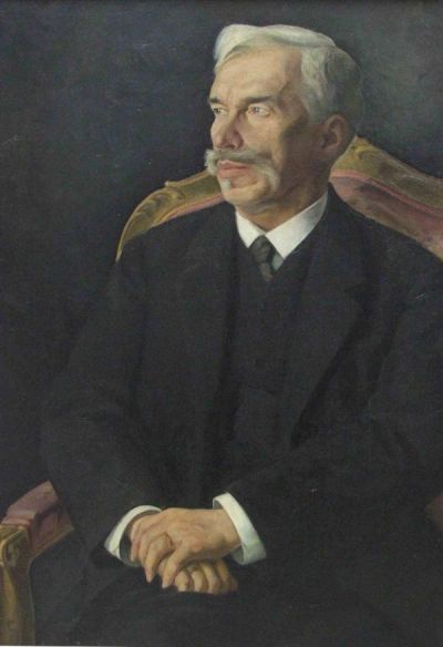 Tako je ruskega poslovneža in zbiralca umetnin Sergeja Šukina leta 1915 portretiral slikar Dmitrij Melnikov.