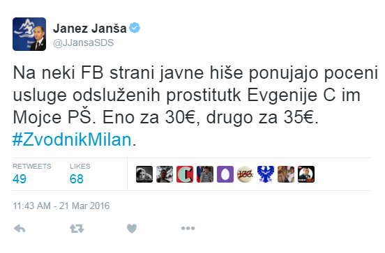 Tvit, ki ga je Janez Janša objavil 21. marca ob 11.43.