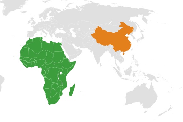 Afrika (obarvana zeleno) in Kitajska (obarvana oranžno)