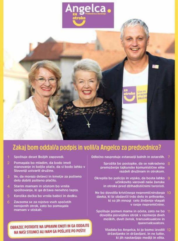 Aleš Primc in njegova stranka GOD se z Angelco Likovič podajata tudi na predsedniške volitve. Na letaku so kandidatkine zapovedi.