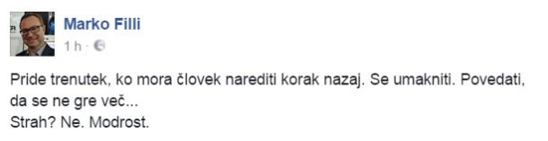 Sporočilo Marka Fillija na Facebooku, da se umika iz tekme za vnovično izvolitev na položaj generalnega direktorja RTV Slovenija