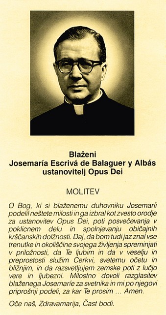 Molitev za ustanovitelja Opusa Dei v slovenščini, najdena v cerkvi Sv. Petra na Dunaju
