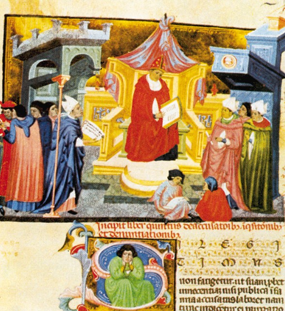 Papež Gregor IX. izroči inkvizicijo Dominikancem (miniatura, 14. stoletje)