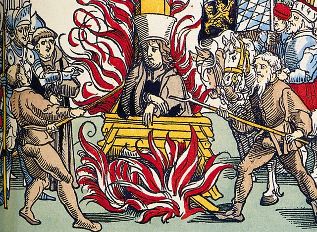 Reformator Jan Hus na grmadi (barvni lesorez, 1482)
