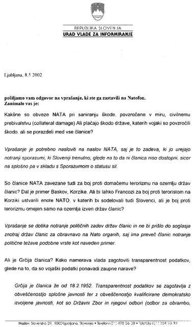 'Notranje težave' - odgovor Urada vlade za informiranje na vprašanji zastavljeni na Natofonu.