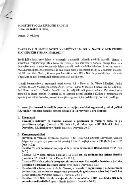Analiza, ki izginja - odlomki analitičnega dela obveščevalne službe zunanjega ministrstva - Zajetna analiza od 1. marca do 14. julija 2001