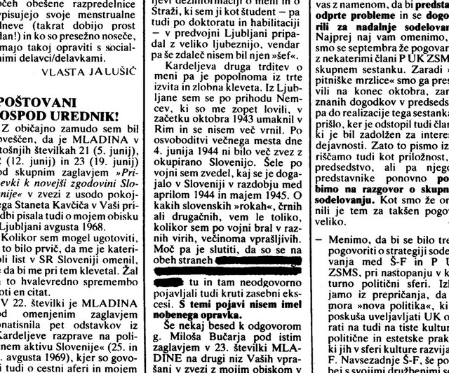 Zakaj je bila Mladina zaplenjena leta 1987 - 6 besed v pismu Cirila Žebota iz ZDA: OD KOMUNISTIČNEGA VODSTVA NAČRTNO ZAČETE BRATOMORIJE. Objava pisma v Mladini po razsodbi višjega sodišča, ki je Mladino odplenilo in dovolilo izid ostalega dela številke, razen 6-ih besed.