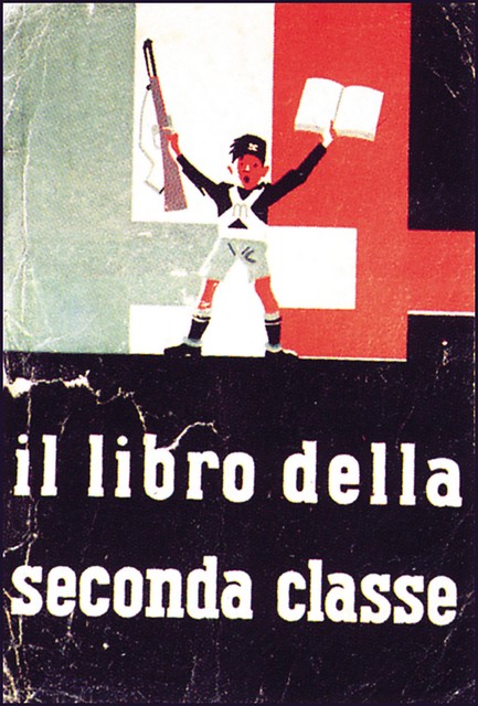 Naslovnica knjige za drugi razred osnovne šole iz obdobja fašizma (knjiga in puška).
