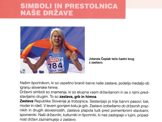 Jolanda Čeplak po zmagi na evropskem dvoranskem atletskem prvenstvu na Dunaju 2002. Mar sodi med simbole naše države tudi SPAR? Tako že pravijo v učbeniku Družba 5, založba DZS.