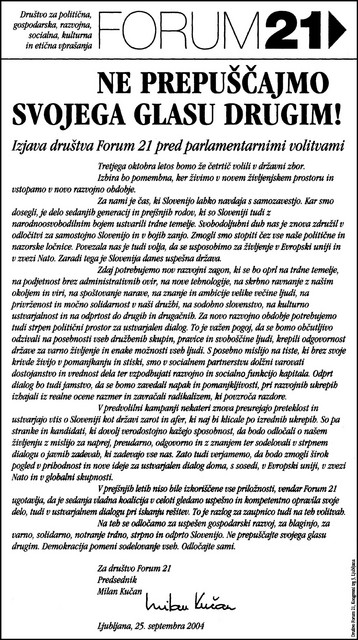 Plačan oglas Foruma 21 s podporo sedanji vladajoči koaliciji