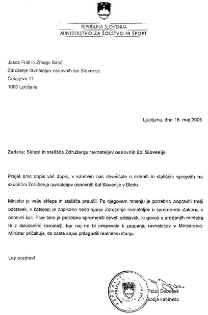 Milan Zver prek vodje kabineta sporoča, da je treba 