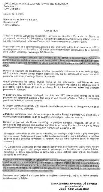 Zapisnik srečanja šolskega ministra Milana Zvera z osemnajstimi predstavniki republiškega odbora združenja ravnateljev, ki ga je minister za šolstvo vzel kot 