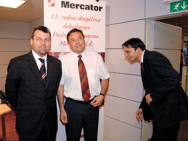 Tomaž Toplak (KAD), Zoran Janković in Marko Pogačnik (SOD) na skupščini Mercatorja