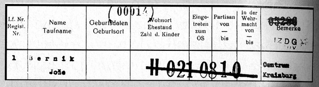 Seznam kranjskega Gestapa, na katerem je napisano ime Jože Bernik in iz katerega je razvidno, da je bil poslan v gestapovski izobraževalni center na Brdu.