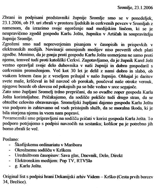 Ena od dveh peticij, v kateri farani podpirajo duhovnika, ki je v hišnem priporu.