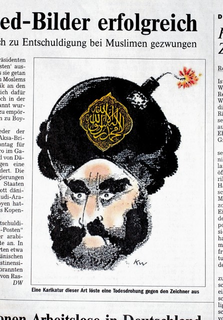 Ena izmed karikatur Mohameda, prvič objavljena v danskem dnevniku <I>Jyllans-Posten</I>, povzeta v nemškem <I>Die Weltu</I>
