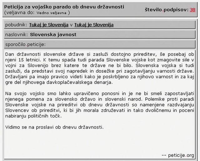 Peticija za parado na spletni strani peticije.org