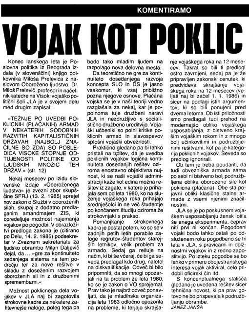 Članek Vojak kot poklic Janeza Janše, objavljen v 7. številki Mladine, 21. februarja 1985.