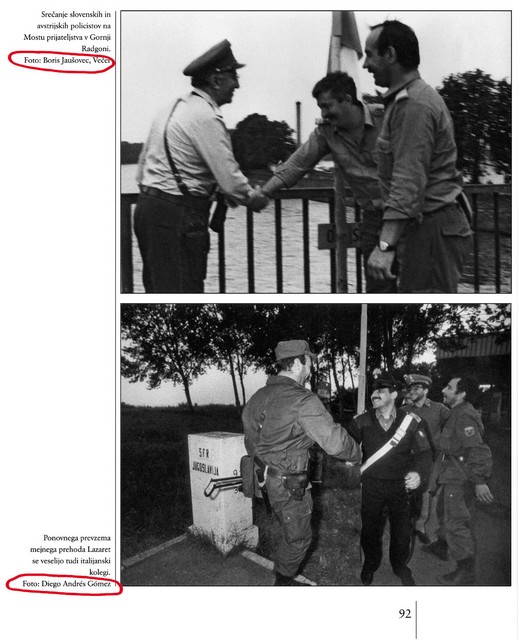 Tipična stran v knjigi Enotni v zmagi, kjer pri fotografu Mladine Mladina ni navedena, pri fotografu Večera pa je Večer naveden