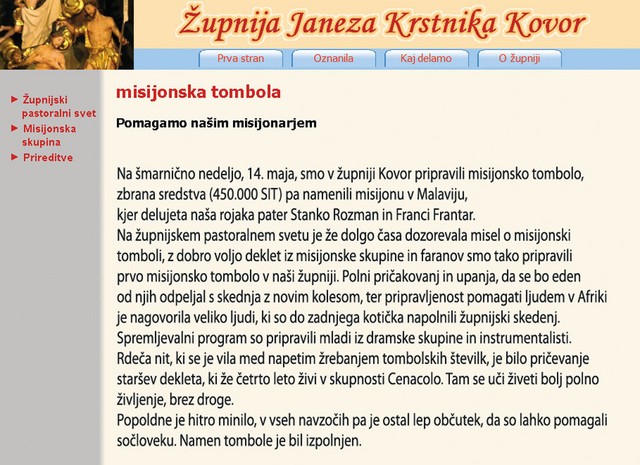 Spletna stran župnije Kovor, na kateri so maja letos objavili, da Franci Frantar deluje v misijonu v Malaviju skupaj s patrom Stankom Rozmanom