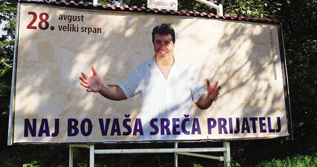 Plakat Srečka Prijatelja v Sežani: Prijatelj volivcem, nasprotnik istospolno usmerjenim