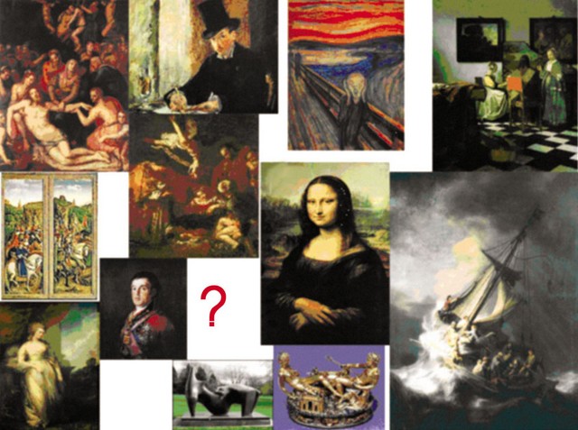 Najznamenitejše ukradene umetnine. V smeri urinega kazalca: Agnolo Bronzino 'Snemanje s križa', Edouard Manet 'Pri Tortoniju', Edvard Munch 'Krik', Johannes Vermeer 'Koncert', Rembrandt 'Vihar na Genezareškem jezeru', Benvenuto Cellini 'Solnica', Henry Moore 'Ležeča figura', Francisco Goya 'Portret vojvode Wellingtonskega', Thomas Gainsborough 'Portret Georgiane, vojvodinje Devonshirske', Jan van Eyck 'Gentski oltar', Caravaggio 'Rojstvo', Leonardo da Vinci 'Mona Lisa'