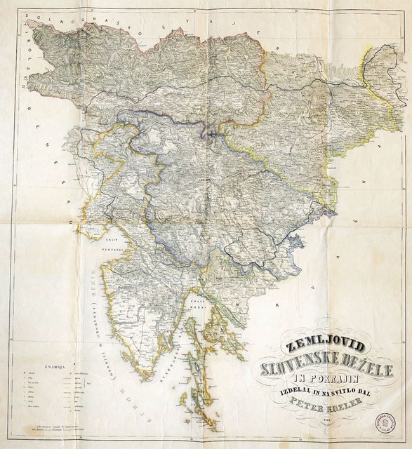 Zemljovid Slovenske dežele in pokrajin Petra Kozlerja iz leta 1853. Potek Kozlerjeve meje kaže, kako težko je bilo v 19. stoletju natančno določiti etnično in jezikovno mejo med Slovenci in Hrvati. Po eni strani je Kostelce in Belokranjce uvrstil med Hrvate, po drugi strani pa je zapisal, da se še daleč v hrvaško ozemlje govori narečje, ki je slovenskemu bolj podobno kot hrvaškemu, in da se narečja ne dajo natančno razločiti. V članku iz leta 1849 je imel Kozler območje med Dragonjo in Mirno za prehodno ozemlje med slovenskim in 'ilirskim' dialektom, v svojem zemljevidu pa je etnično mejo narisal na Dragonji.