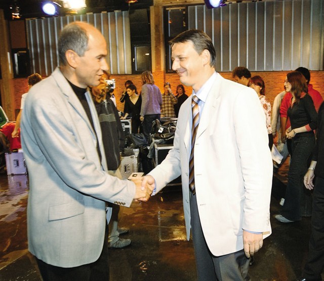 Janez Janša in Tone Rop na predvolilnem srečanju na POP TV, septembra 2004