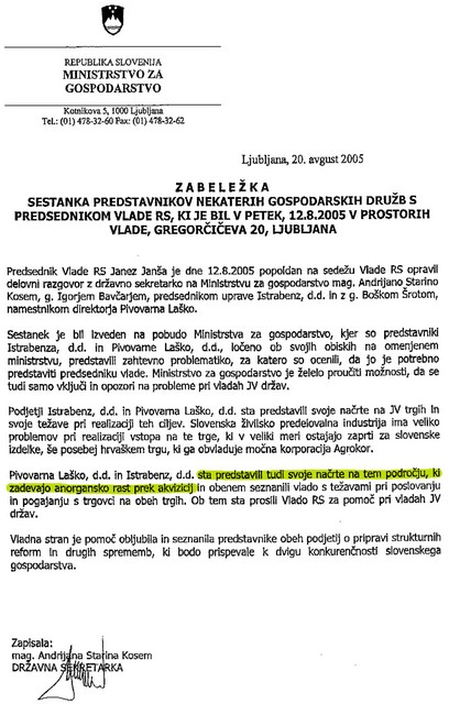 Zabeležka sestanka pri predsedniku vlade. Dokument, ki dokazuje, da je 12. avgusta 2005 potekal sestanek v vladni palači. Dokument nakazuje, da sta se pri Janezu Janši pogovarjali o gospodarski diplomaciji. Po naših informacijah je pogovor nanesel tudi na prodajo Mercatorja, a vpleteni to zanikajo. 