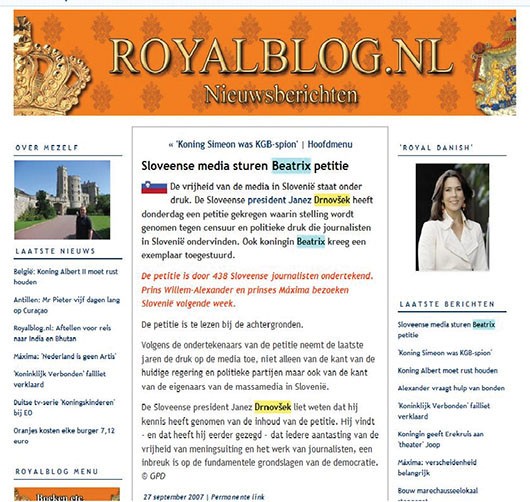 Zapis o slovenski novinarski peticiji na urednem blogu nizozemske kraljeve družine, ki je bil pozneje umaknjen