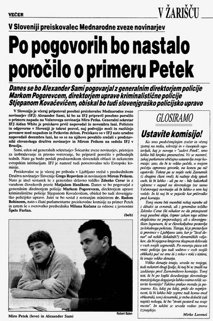 Faksimile časnika Večer iz aprila 2002, kjer je poročilo o mednarodni preiskavi primer Petek (na sliki Miro Petek, tedanji novinar Večera in Alexander Sami, preiskovalec Mednarodne zveze novinarjev na tiskovni konferenci v Ljubljani, aprila 2002) 