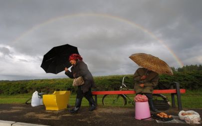 Belorusinji ob cesti prodajata doma pridelan krompir.