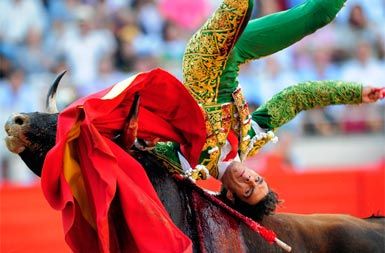 Matador Jose Tomas se bori z bikom na barcelonskem stadionu. Španska sezona bikoborb traja od marca do oktobra.