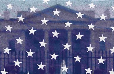 Pogled na Belo hišo skozi ameriško zastavo na dan izvršitve smrtne kazni nad Osamo bin Ladnom.
